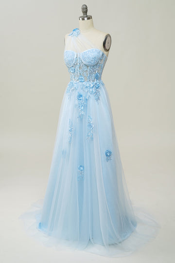 Vestido Largo de Fiesta Con Apliques Azul Cielo